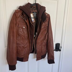 Real Leather Bomber Jacket w/ Removable Hoodie L | Women’s Outerwear
